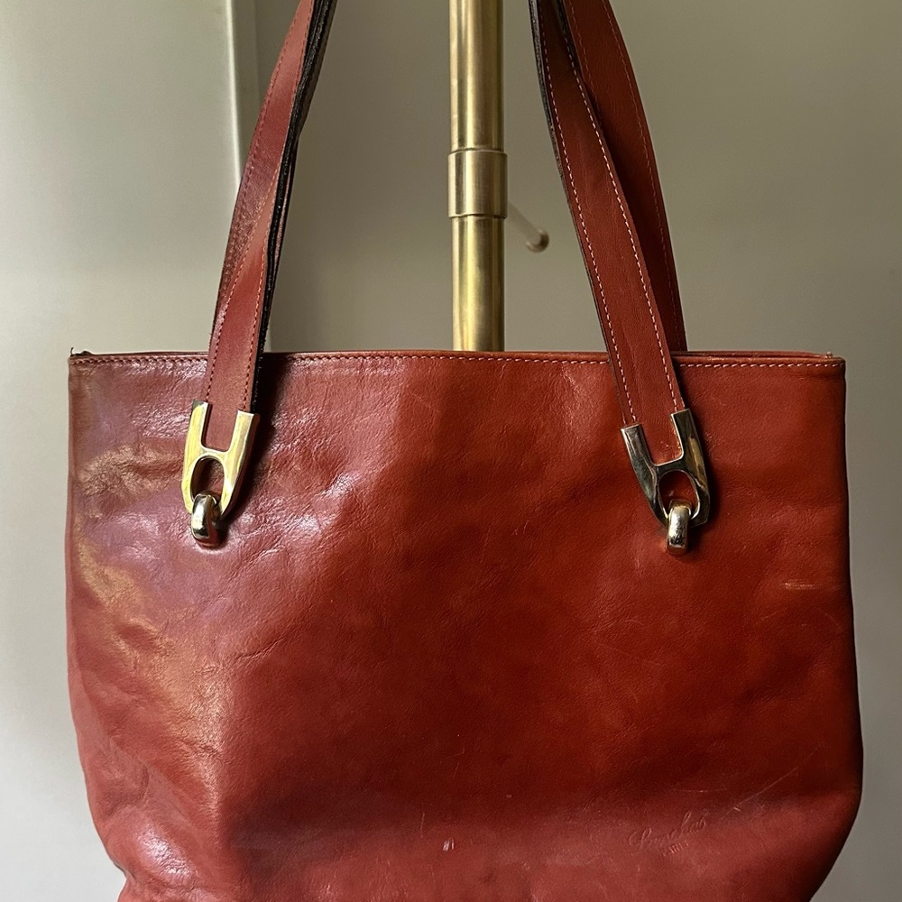 French Chic Brown Leather Tote with Glossy Finish high quality leather.